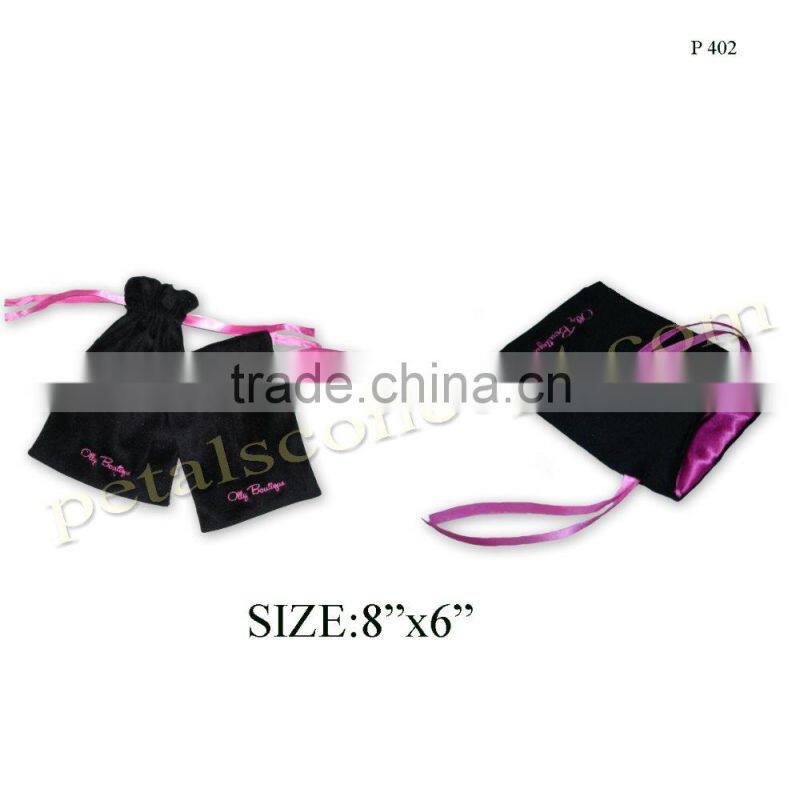 Velvet drawstring gift pouch with satin lining & polysilk drawstring
