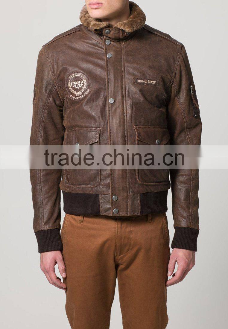 2014 new brown PU leater sherpa jacket for men