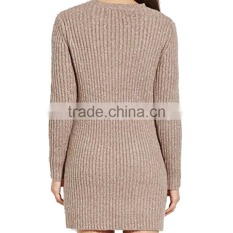 crew neck rib-knit longline wholesale pullover sweater with front patch pockets