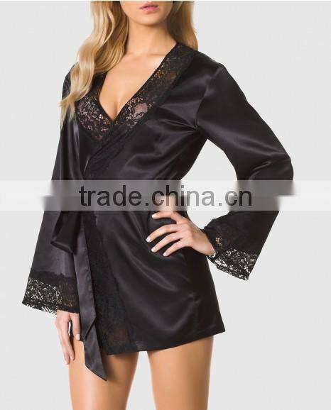 New Arrival Woman lace trimmed Satin Wrap Robe E17031