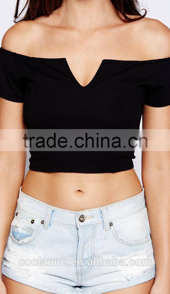 Latest off shoulder women crop top wholesale black plain crop tops