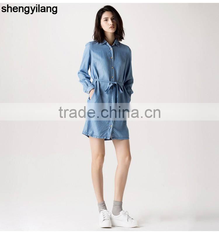 stylish leisure long sleeve denim jeans dress with waistband