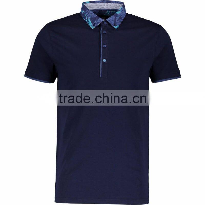 Male's Navy Pure Cotton Slim Fitted Polo Shirt with Patterned Collar