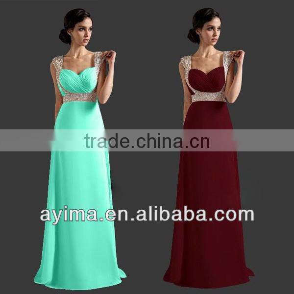 hot selling ladies long elegant dress blue chiffon rhinestone prom dresses 2014
