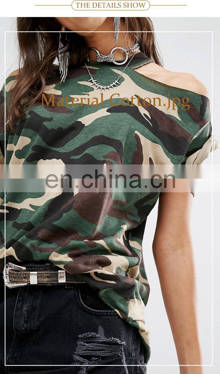 Latest cold shoulder women summer short sleeve crop blouse camouflage print t-shirts