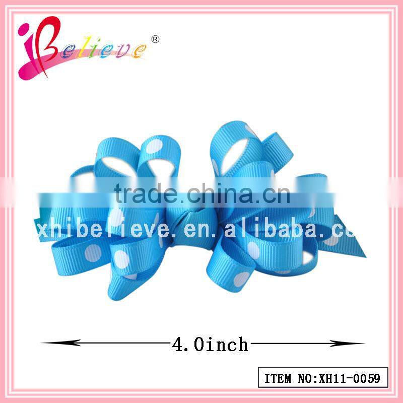 Promotion price good quality factory direct sale delicate dot grosgrain 4.0 inch frizzy ribbon bow hair barrette (XH11-0059)