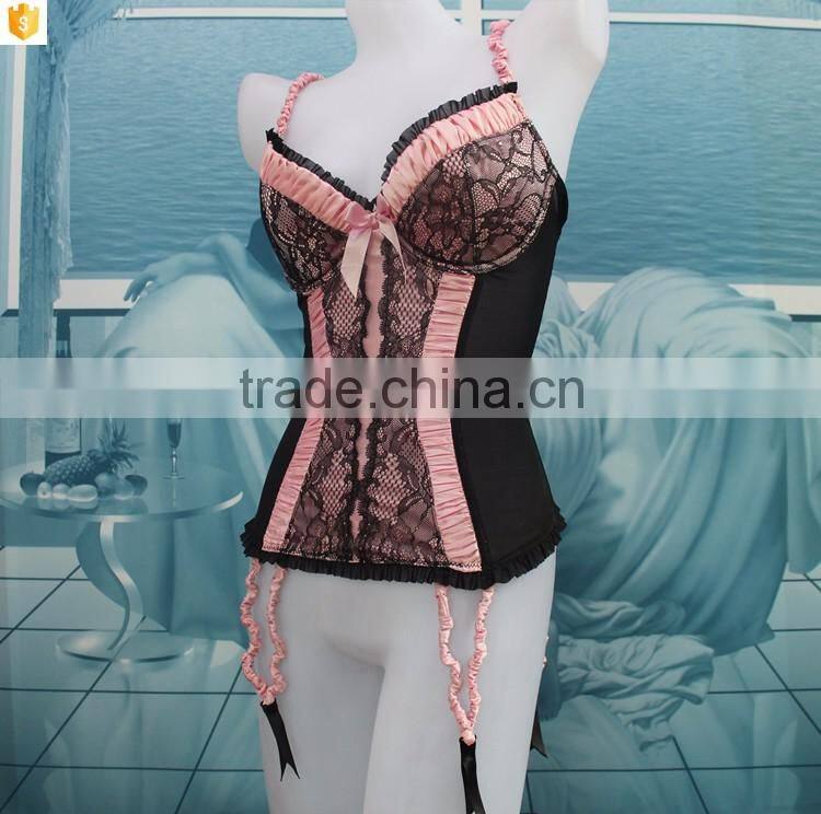Wholesale women Shapewear, black lace pink bow sexy corset
