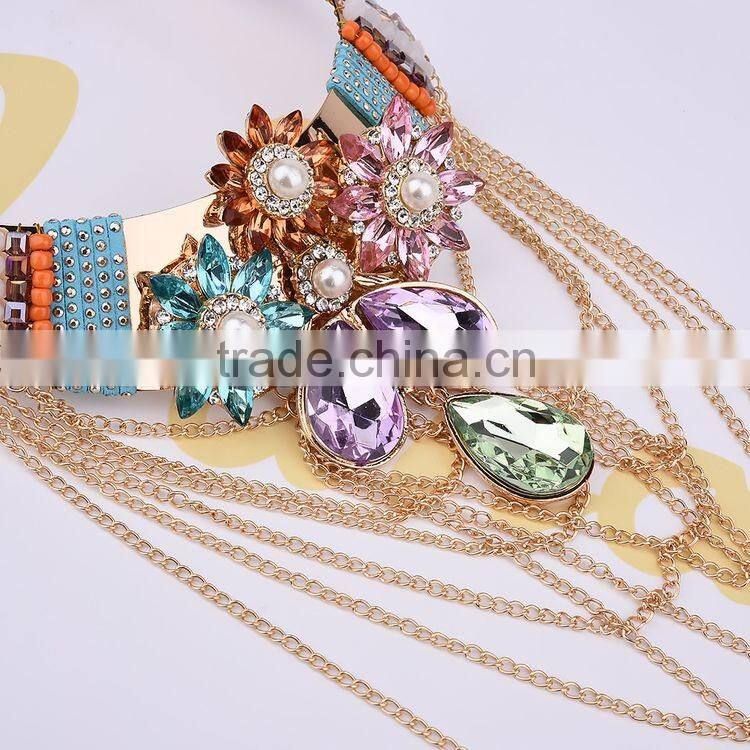 Solememo Wholesale Women's Vintage Jewelry Rhinestone Alloy Chain Tassel Bib Collar Choker Necklace