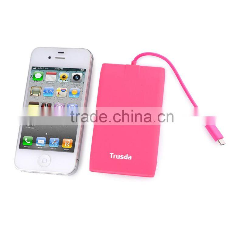Built in cables 3000mAh power bank credit card shaped portable mobile phone charger