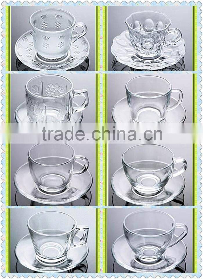 Clear engraved shot glass cup and saucer,unique trumpet shaped glass cup with shell shaped coaster