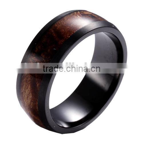 Unique black zirconium ring with wood inlaid