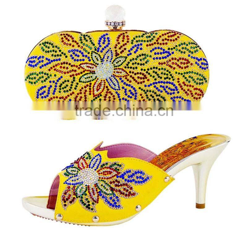 PU leather women shoes mix flower design hand bag shoes & bag set for girls