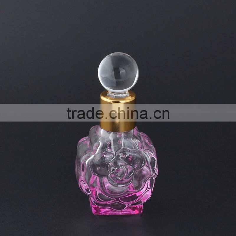 Wholesale fancy 12ml empty flower shaped mini glass perfume bottles with aluminum caps and glass stopper