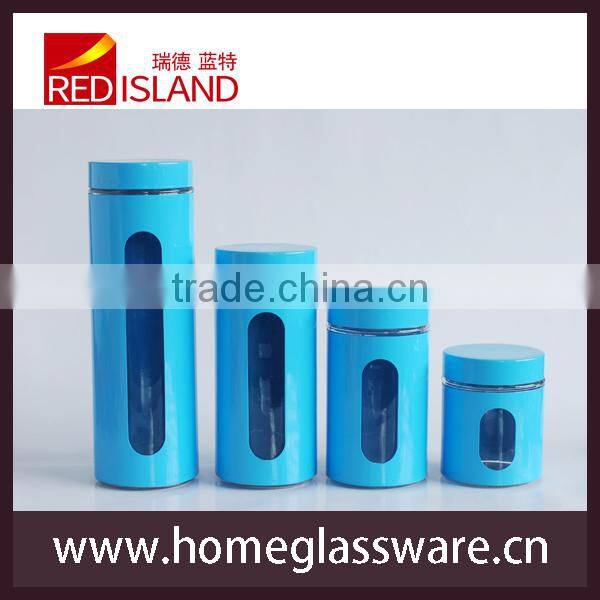 glass storage jar set, glass jar covered with metal