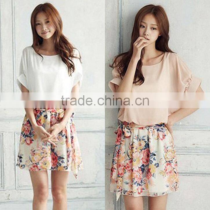 Womens Charming Crewneck Chiffon Short Sleeve Floral Casual Clothing Dress Summer Dress 2016