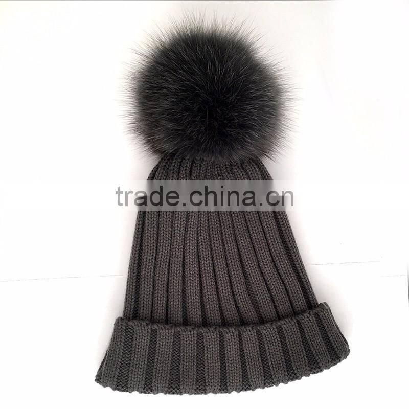 Myfur Dark Grey Knitting Hat for Adults With Real Fox Fur Pompom