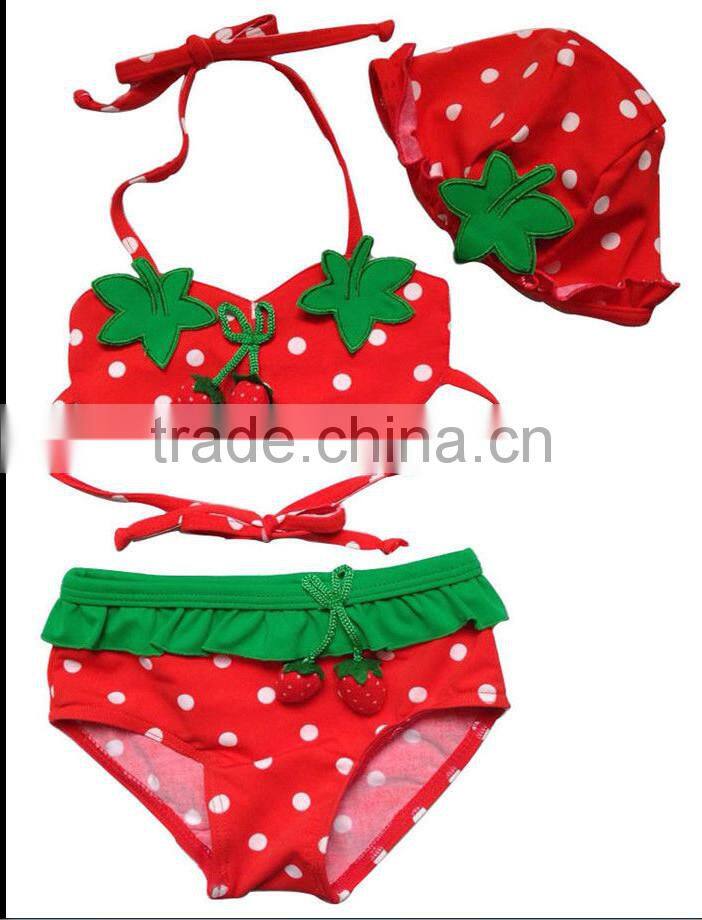 SR0351 3pcs Baby Girl Kids Hat+Bra+Shorts Swimsuit Bikini Strawberry Swimwear Clothes