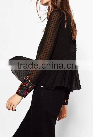 Runwaylover EY2364B Ladies Fashion 2017 Full Embroidery Chiffon Transparent Blouse