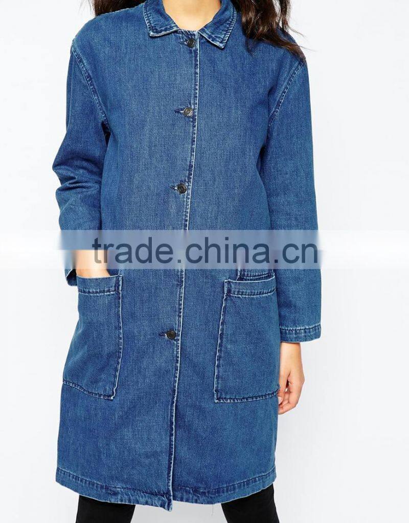 Hot sale unlined denim coat fashion point collar non stretch women coat 2015