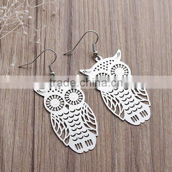 New Fashion Copper Filigree Stamping Earrings Ear Wire Hooks Halloween Owl Silver Tone Hollow 61mm x 26mm