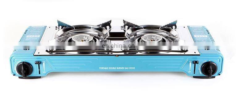 Portable gas stove 2 burner / indoor & outdoor commercial use / safety push gas control knob / stainless steel top