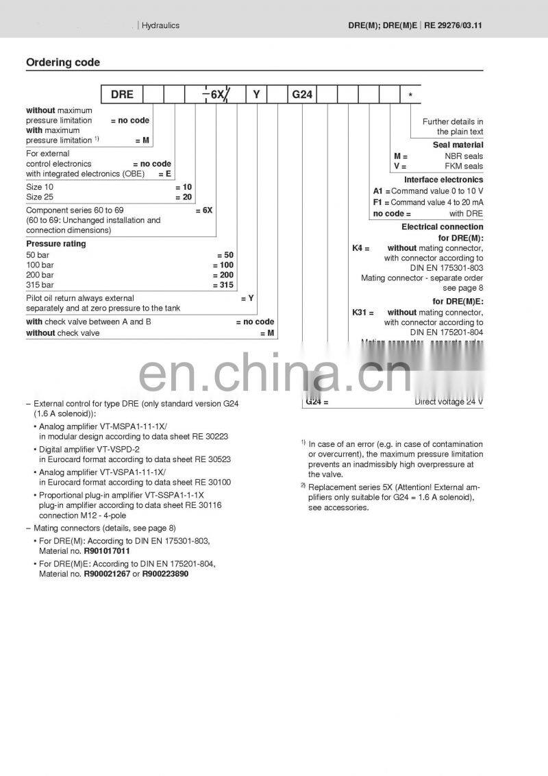 Rexroth DREM10-30B/315Y hydraulic proportional pressure relief valve DBEM10,DBEM20,DREM20,DBEM30,DREM30
