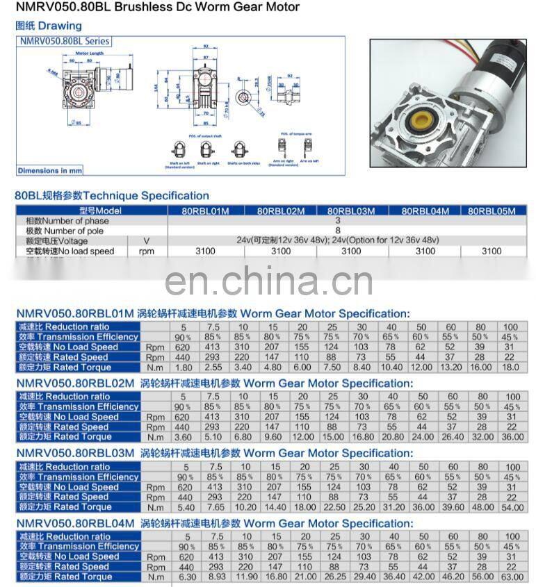 NMRV030.80BL NMRV040.80BL Series High Torque Brushless Dc Worm Gear Reducer BLDC Motor