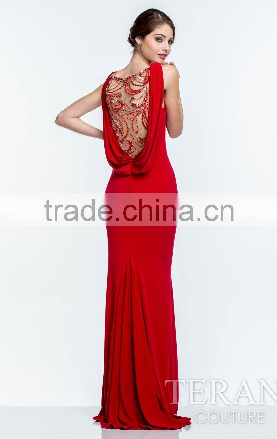 Elegant Long Beaded See Through Back Bowl Neck Red Evening Dress Sweep Train