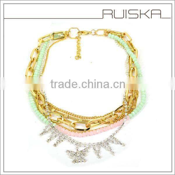 wholesale gold plating chain colorful beads chain with rhinestone buttlefly cheapest necklace
