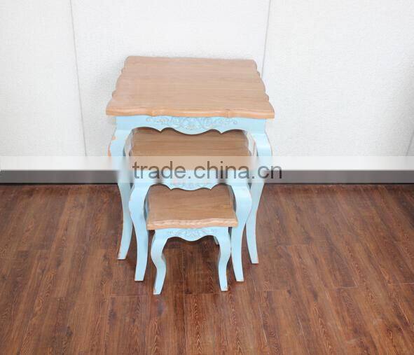French Country Style Light Blue Hand Carved Wooden Nesting Coffee Table