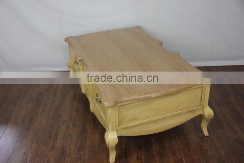 Antique yellow paint solid wood Vintage Carved Low Coffee Table