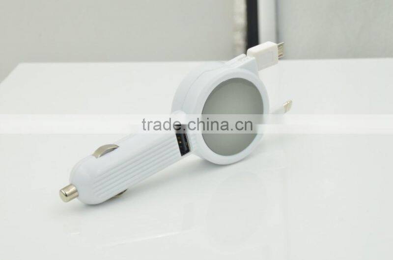 New design protable 3.1A car battery charger with double retractable built-in cable for iphone/samsung/Type-C/htc/blackberry