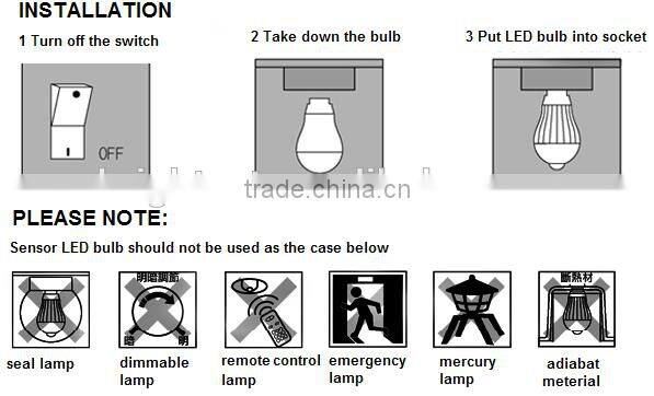 High quality e27 outdoor led motion sensor bulb, 5W 6W white and warm white led bulb light with gent Home Security LED Bulb