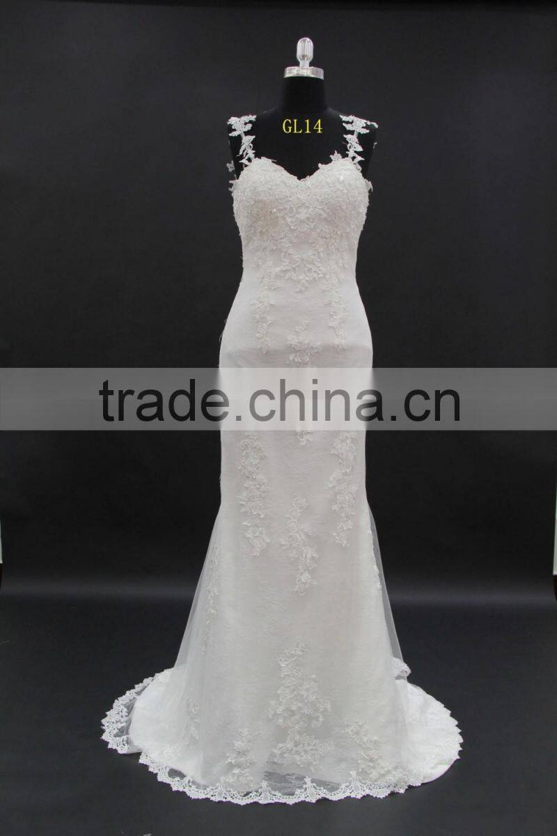 New french over lace sheath pattern long tail wedding dress with slim straps