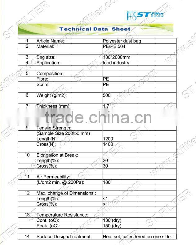 polyester filter bag for food industry,Dia130*2000mm