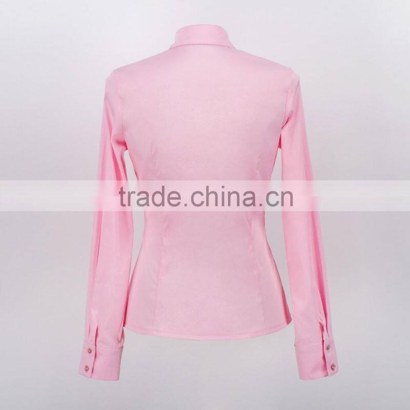 2015 fashion pink color long sleeve blouse pleated design ladies plus size shirt