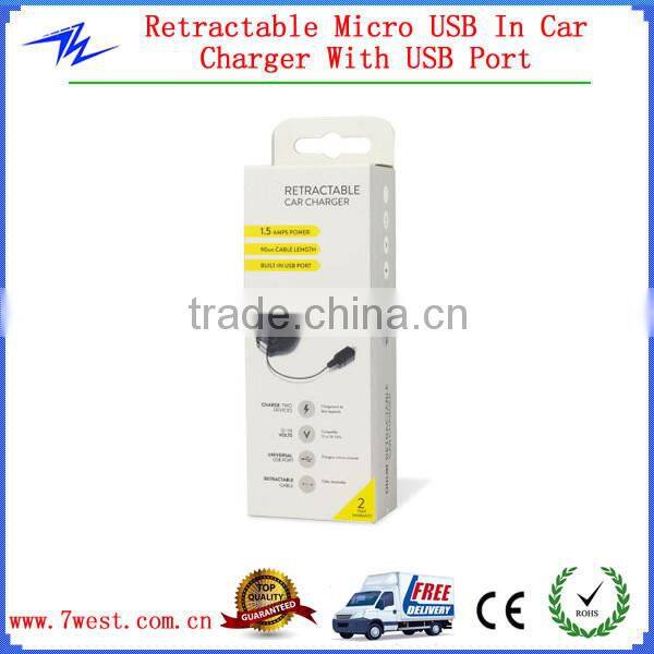 Micro USB Car Charger with Retractable USB Cable for Samsung / HTC / Blackberry