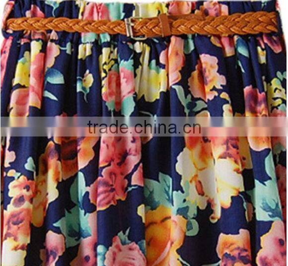 2015 cheap weave chiffon Girl leisure braid PU Belt floral Short dress