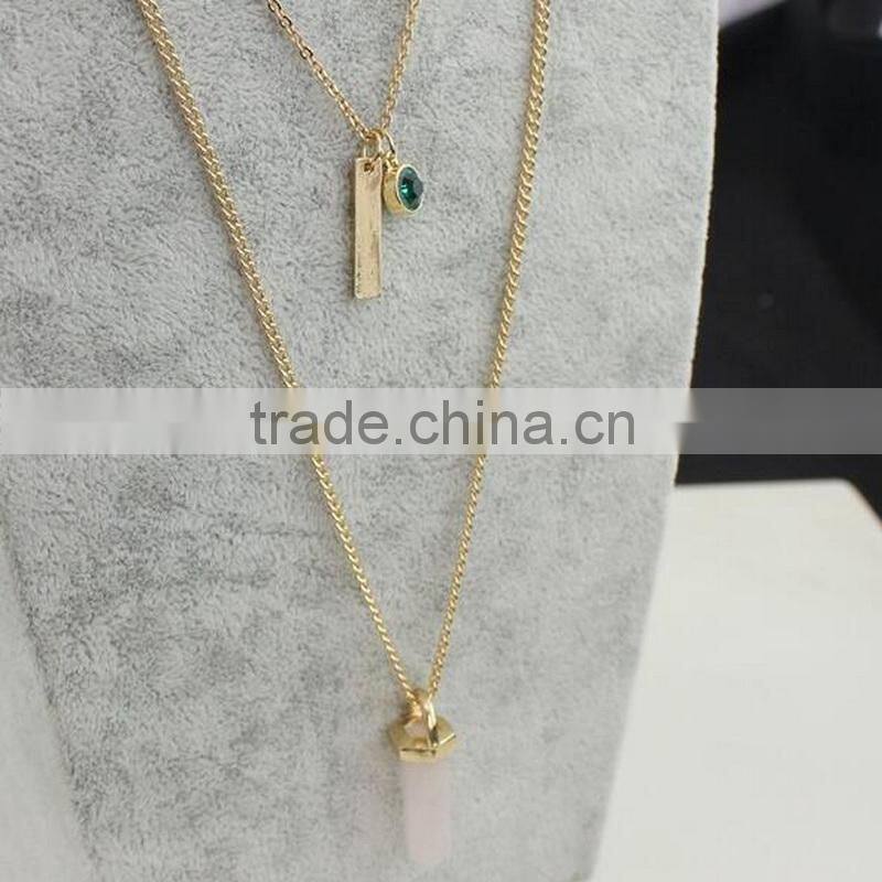 Artificial Cutting Pink Stone Multi Layers Long Necklace Choker For Fashion Lady