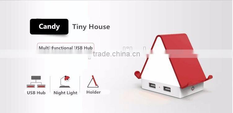 Multi-functional Tiny House Design 4 Port USB Hub, Touch Sensor LED Night Light, Creative USB Hub With Smartphone Holder