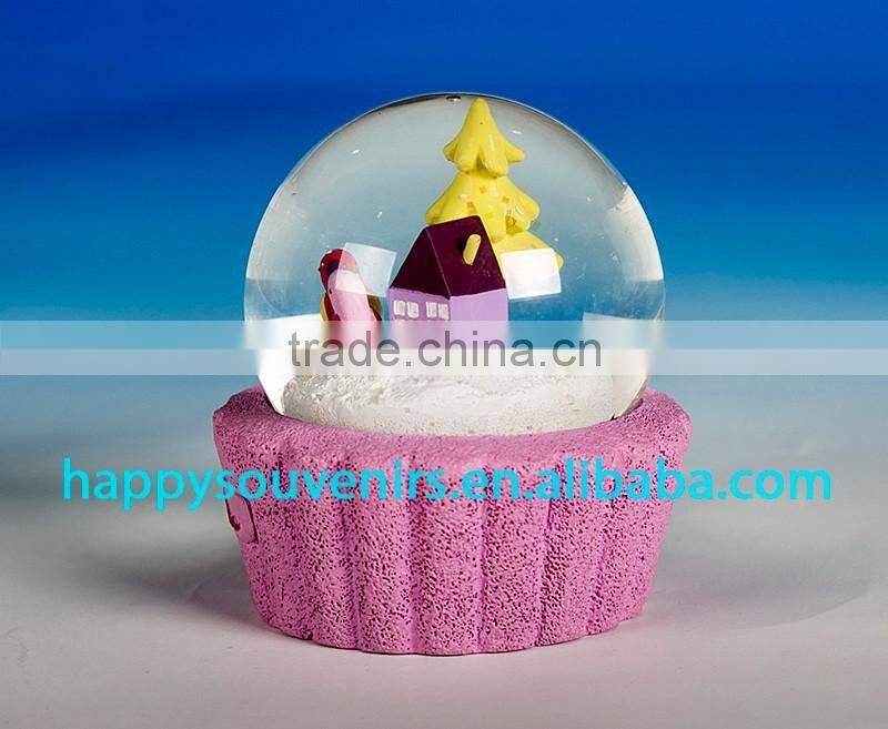 vivid 3D house, tree and birds with purple base snow globe diameter 65mm