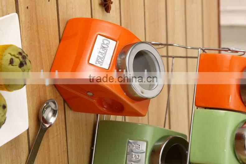 durable ceramic canister set with metal stand & spoon