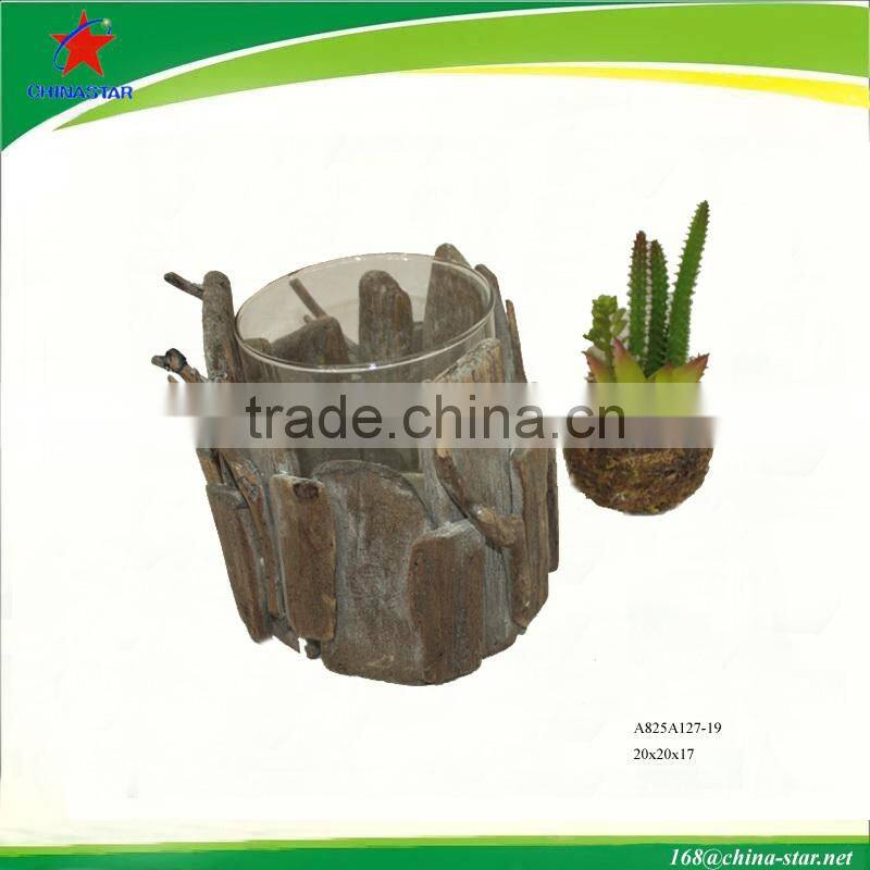 round driftwood candle stand with glass