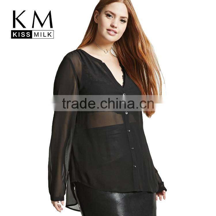 Kissmilk Plus Size Fashion Semi-sheer Women Blouse V-neck Long Sleeve Single Breasted Waistband Ladies Top for Wholesale