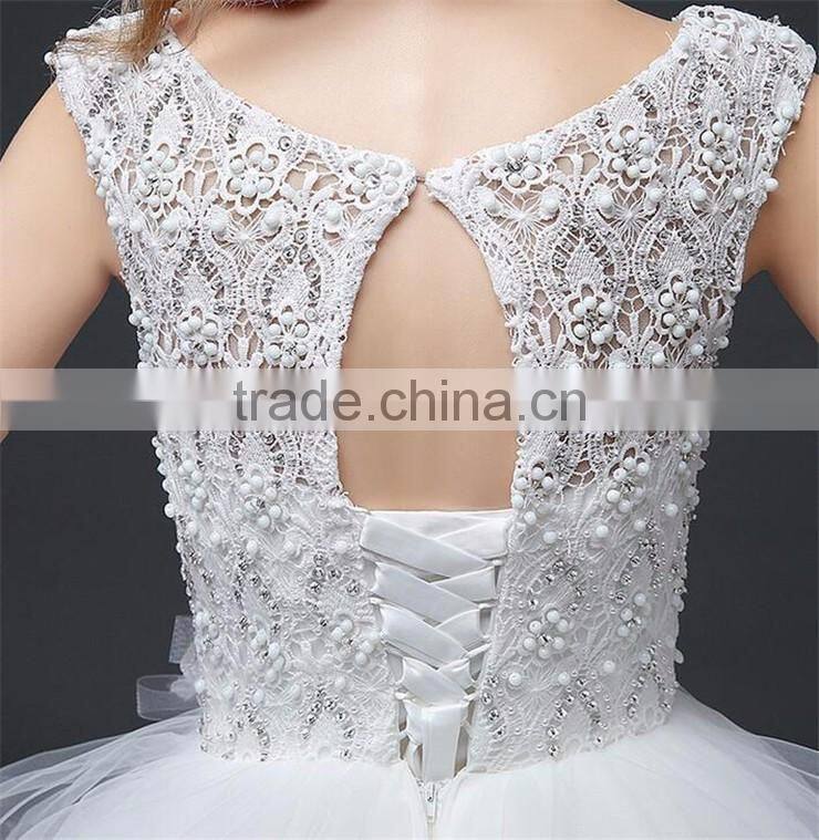 Cream Sleeveless A-line Tiered Wedding Dress Beaded Corchet Cut Out Back Crisscross Bride Grown