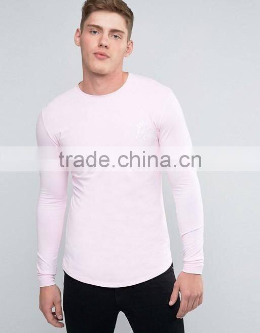 Hot Sale Men's Long Sleeve Longline T-Shirt 96% Cotton 4% Elastane Long Drop Curved Hem T Shirt Muscle Fit Gym T Shirt