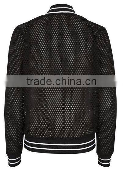 2016 ladies custom cheap black polyester mesh fabric plain varsity jacket wholesale