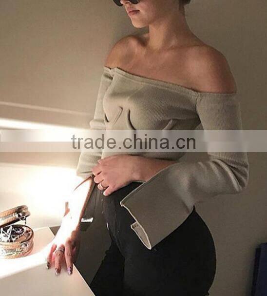 Runwaylover 125 Europe Style 2017 Ladies Sexy Off-Shoulder Knitted Flare Sleeve Blouse