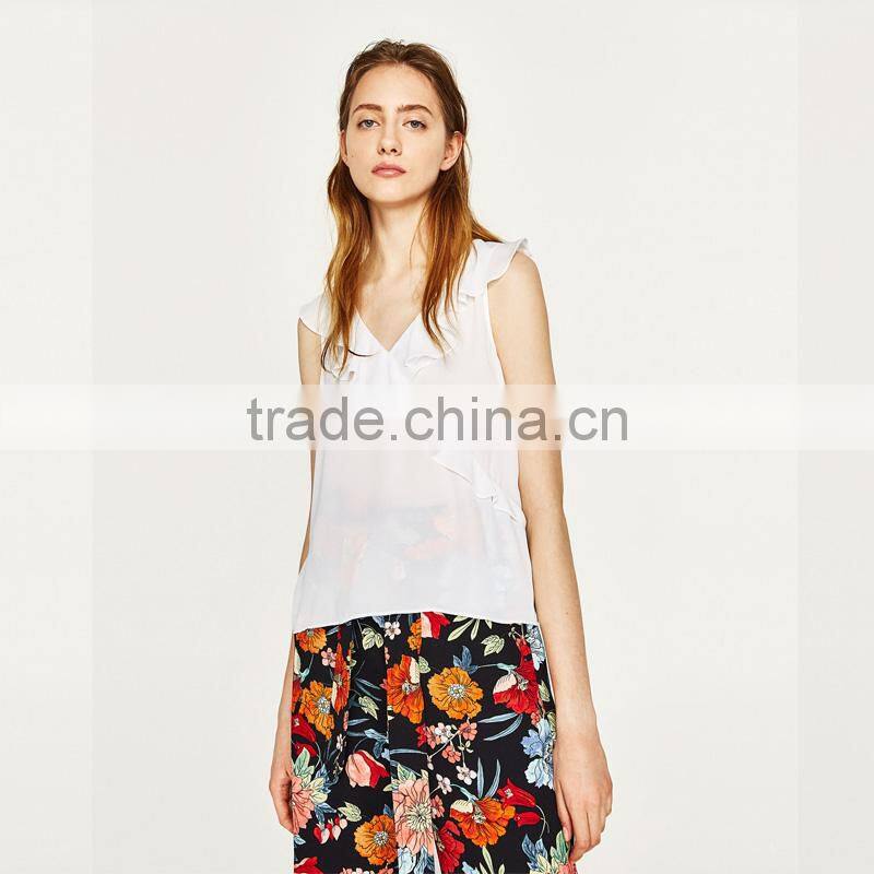 2017 HOT ruffled in the front and V-neck ladies chiffon tank top