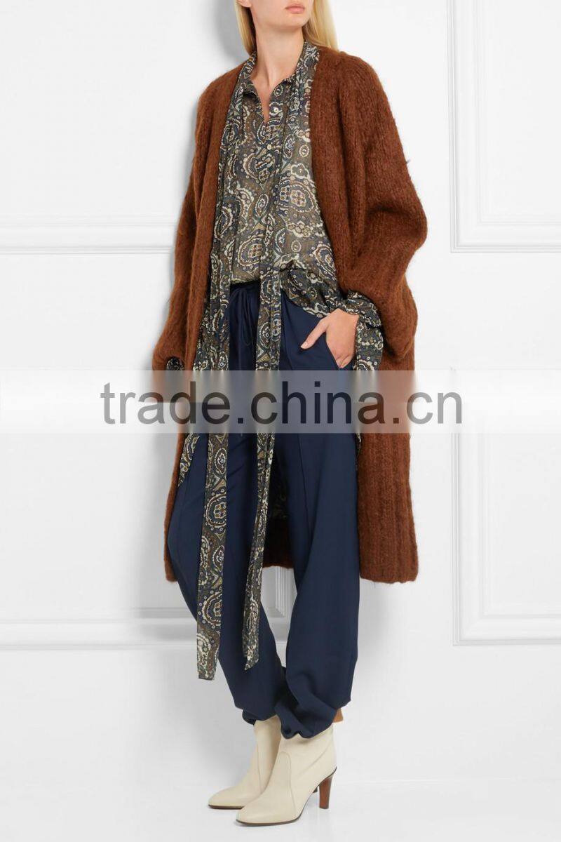 Knitwear Cardigan Manufacturers for Customed High Quality Dark Khaki Colored Cashmere Open Front Cardigan for Women